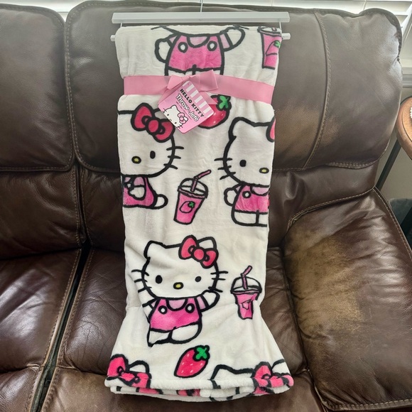 Hello Kitty with Strawberry Drink & Strawberries 60” x 70” Plush Throw Blanket - Picture 1 of 14